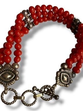 Vtg Michael golan Native American Coral Bead Sterling silver Bracelet M.G. 925